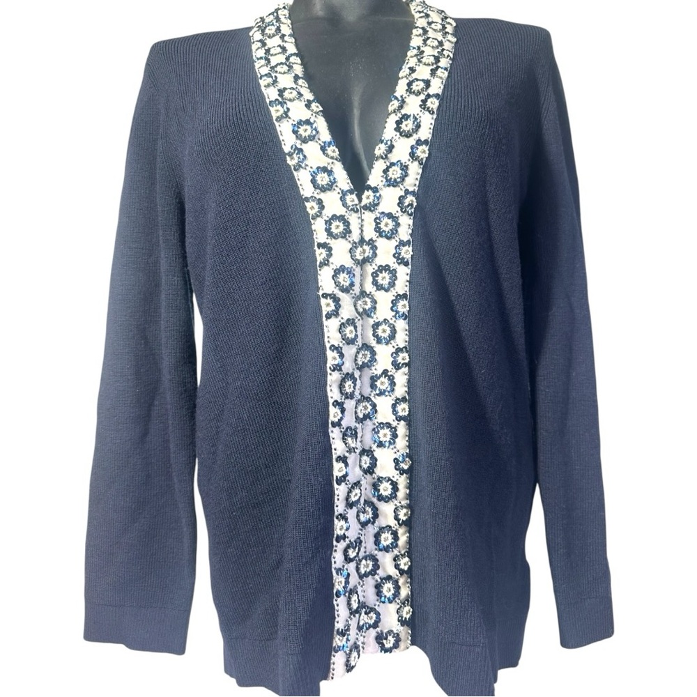 Tory Burch Merino Wool Printed Cardigan Sweater Large Navy Blue Sequins V-Neck - Picture 2 of 13